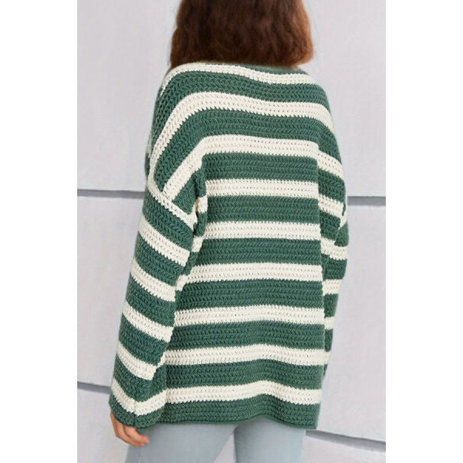 Striped Round Neck Dropped Shoulder Sweater Mid Green / One Size Clothing