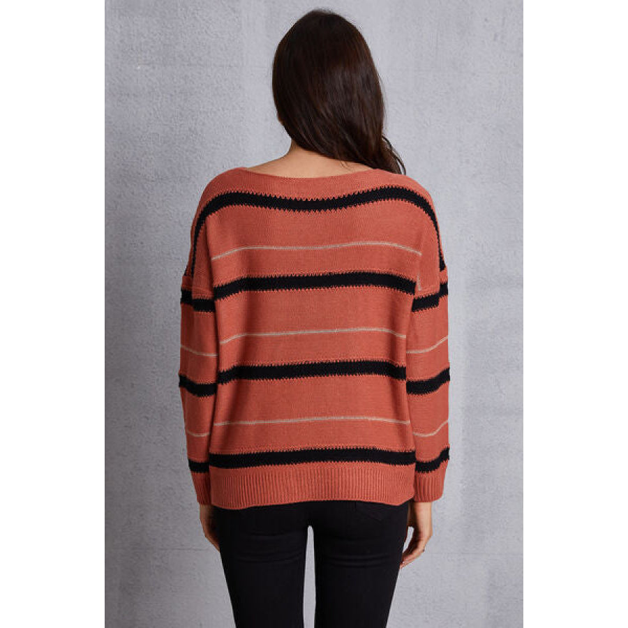 Striped Round Neck Dropped Shoulder Sweater Clothing