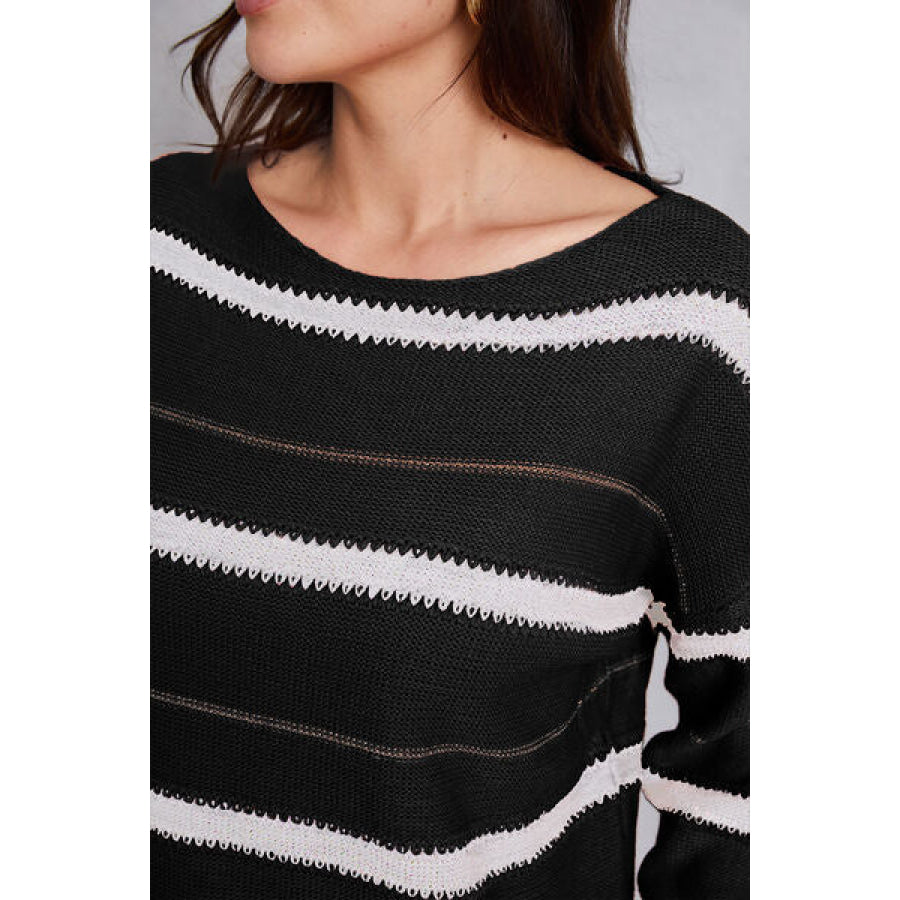 Striped Round Neck Dropped Shoulder Sweater Clothing