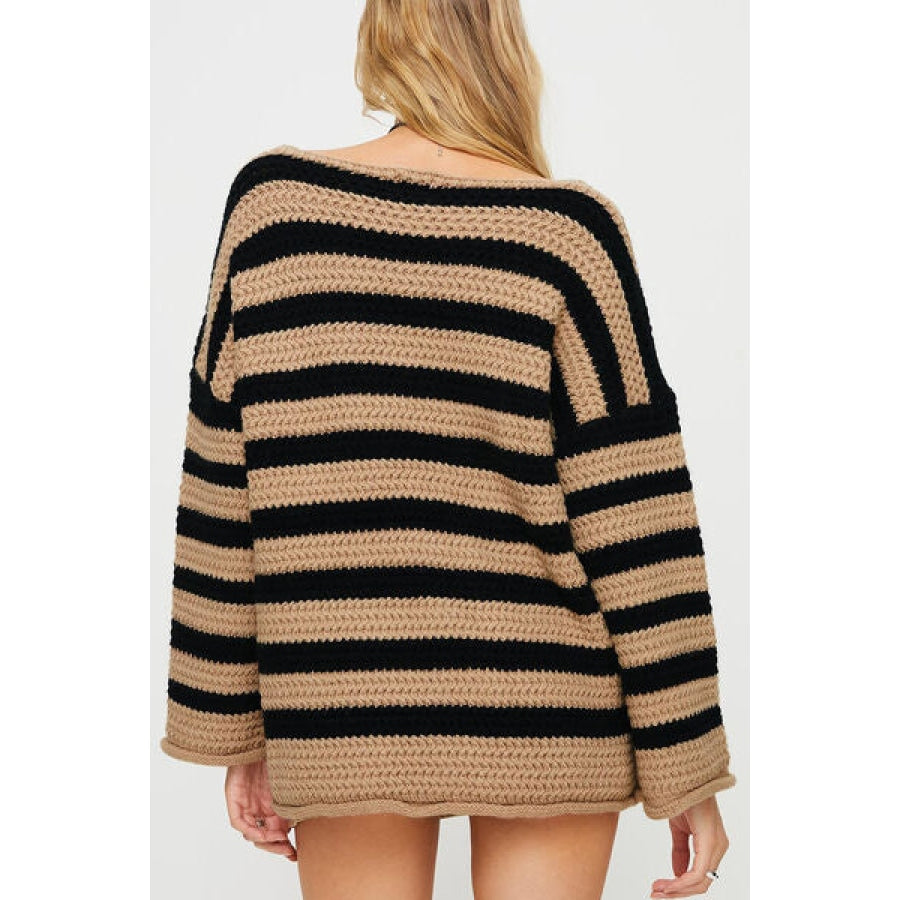 Striped Round Neck Dropped Shoulder Sweater Clothing