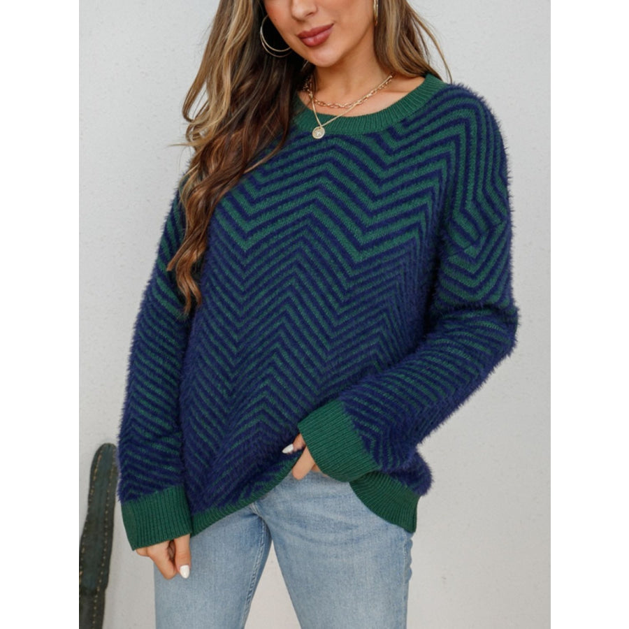 Striped Round Neck Dropped Shoulder Sweater Dark Navy / S Apparel and Accessories