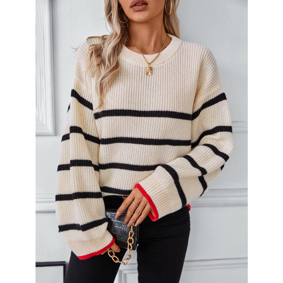 Striped Round Neck Dropped Shoulder Sweater Dust Storm / S Apparel and Accessories