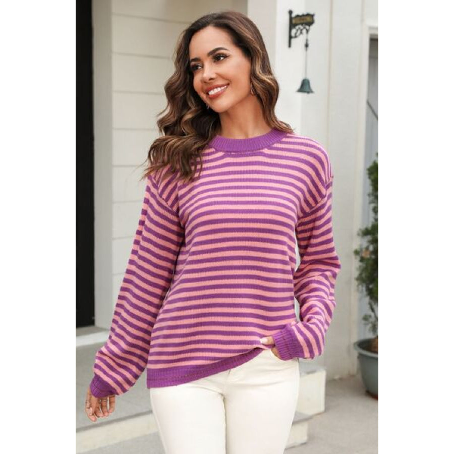 Striped Round Neck Dropped Shoulder Sweater Dusty Purple / S Apparel and Accessories