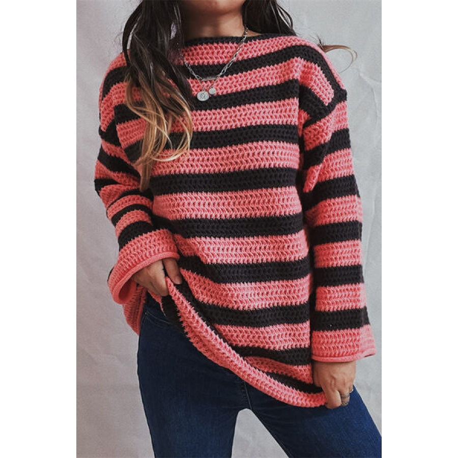 Striped Round Neck Dropped Shoulder Sweater Fuchsia Pink / One Size Clothing