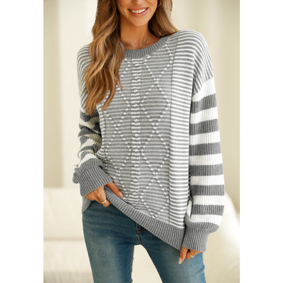 Striped Round Neck Dropped Shoulder Sweater Gray / S Apparel and Accessories