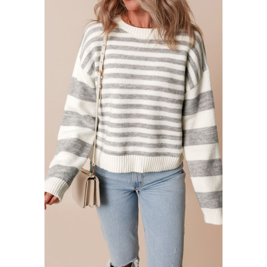 Striped Round Neck Dropped Shoulder Sweater Gray Stripe / S Apparel and Accessories