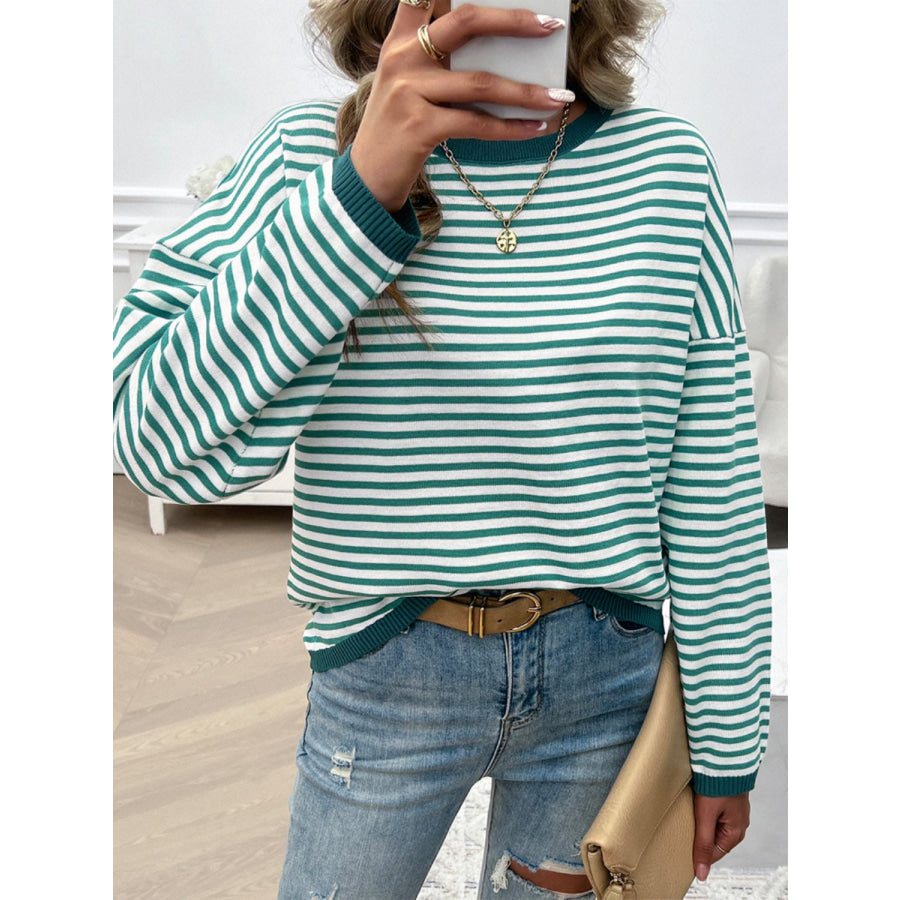 Striped Round Neck Dropped Shoulder Sweater Green / S Apparel and Accessories