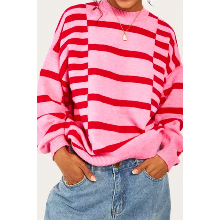 Striped Round Neck Dropped Shoulder Sweater Hot Pink / S Apparel and Accessories