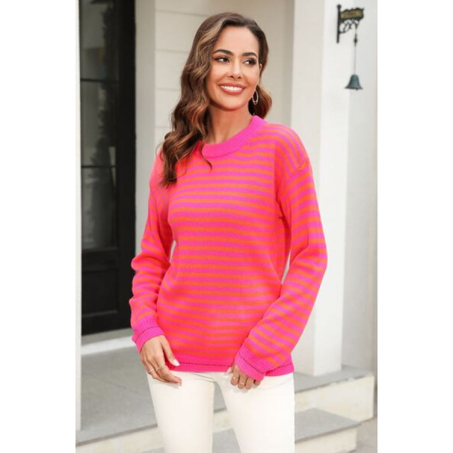 Striped Round Neck Dropped Shoulder Sweater Hot Pink / S Apparel and Accessories