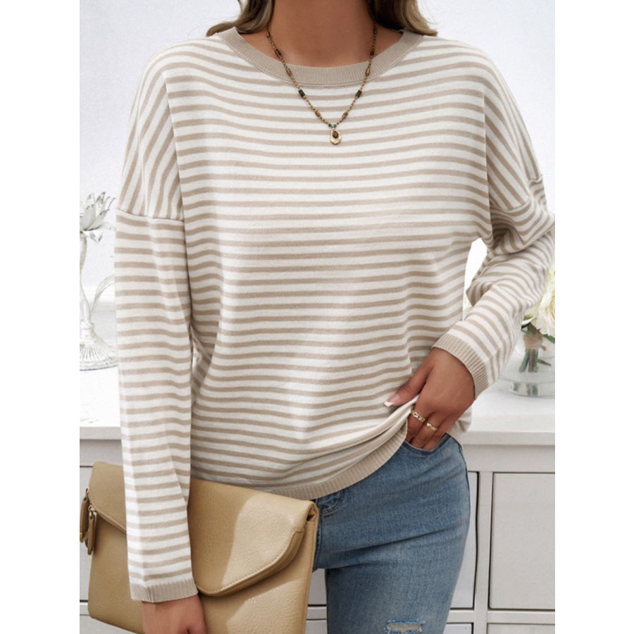 Striped Round Neck Dropped Shoulder Sweater Khaki / S Apparel and Accessories