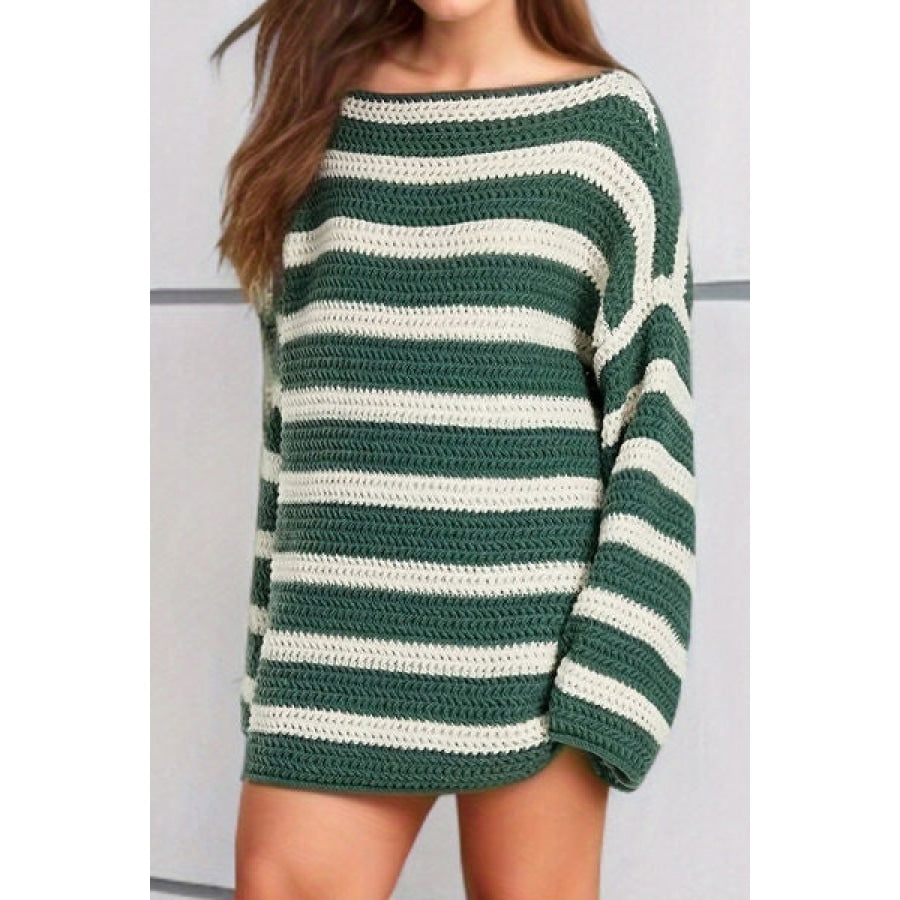 Striped Round Neck Dropped Shoulder Sweater Mid Green / One Size Clothing