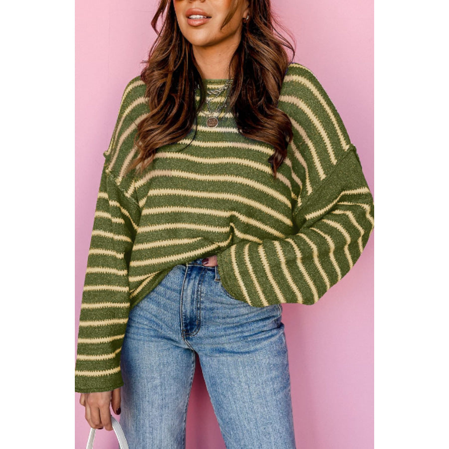 Striped Round Neck Dropped Shoulder Sweater Moss / S Apparel and Accessories