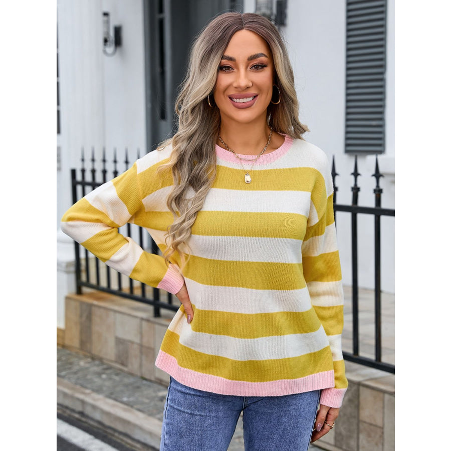 Striped Round Neck Dropped Shoulder Sweater Mustard / S Apparel and Accessories