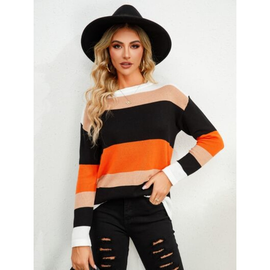 Striped Round Neck Dropped Shoulder Sweater Orange / S Apparel and Accessories