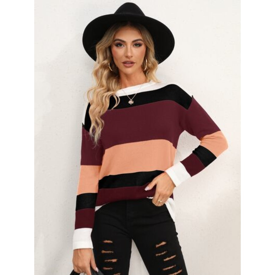 Striped Round Neck Dropped Shoulder Sweater Peach / S Apparel and Accessories