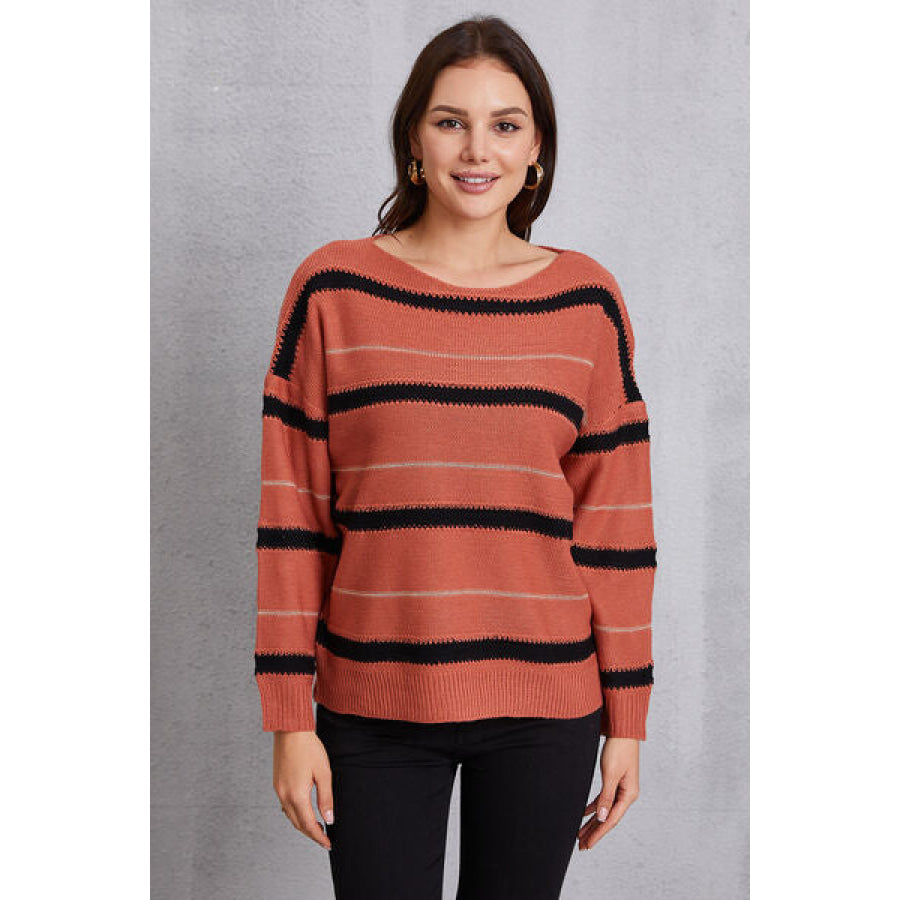 Striped Round Neck Dropped Shoulder Sweater Red Orange / S Clothing