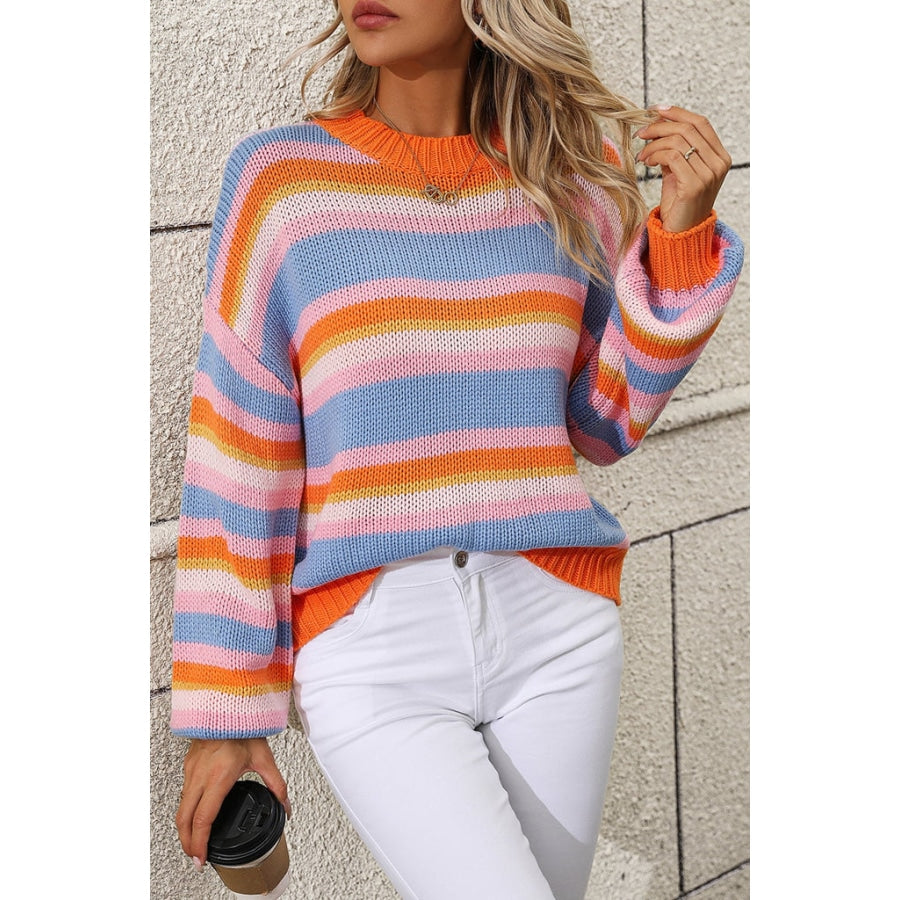 Striped Round Neck Dropped Shoulder Sweater Red Orange / S