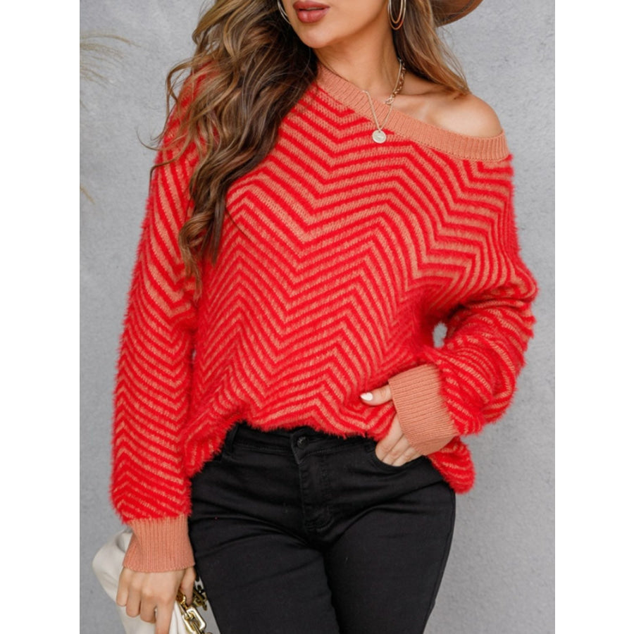Striped Round Neck Dropped Shoulder Sweater Red / S Apparel and Accessories