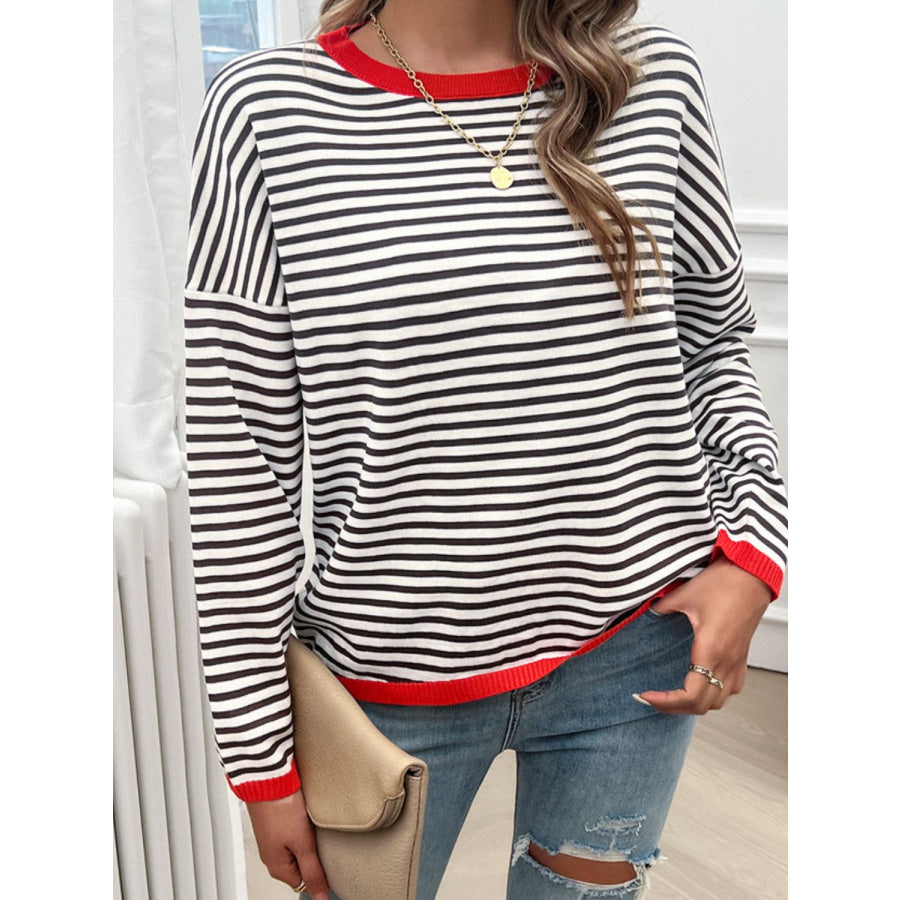 Striped Round Neck Dropped Shoulder Sweater Red / S Apparel and Accessories