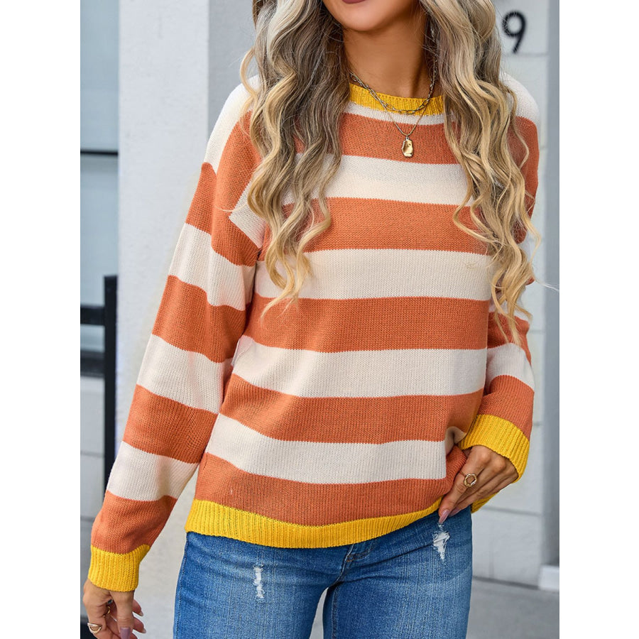 Striped Round Neck Dropped Shoulder Sweater Sherbet / S Apparel and Accessories