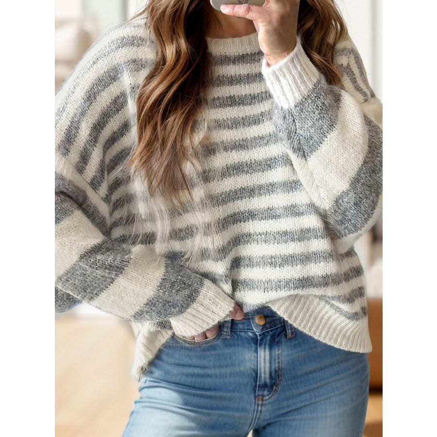 Striped Round Neck Dropped Shoulder Sweater Stripe / S Apparel and Accessories