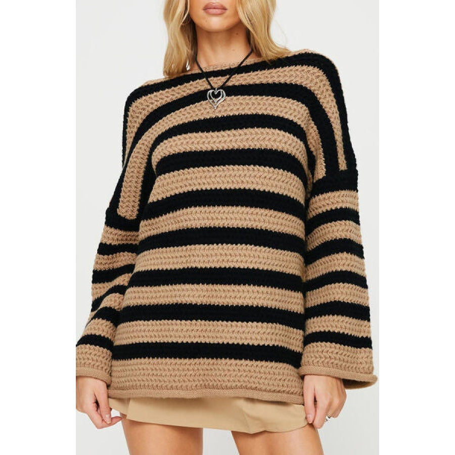 Striped Round Neck Dropped Shoulder Sweater Tan / One Size Clothing