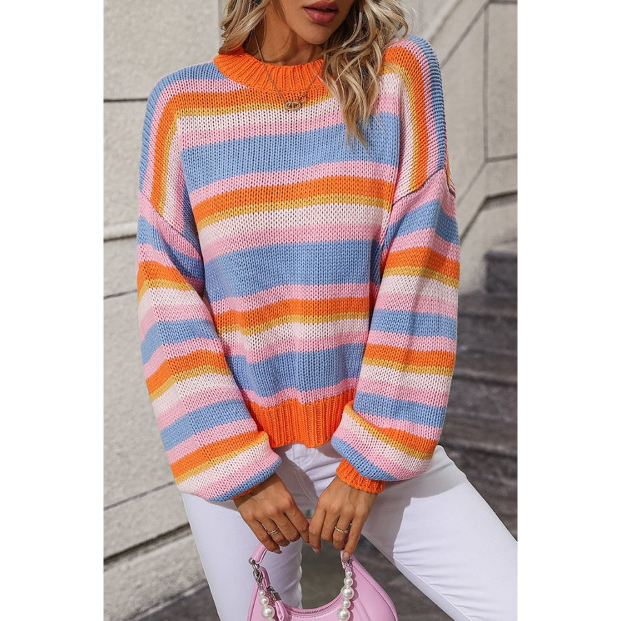 Striped Round Neck Dropped Shoulder Sweater