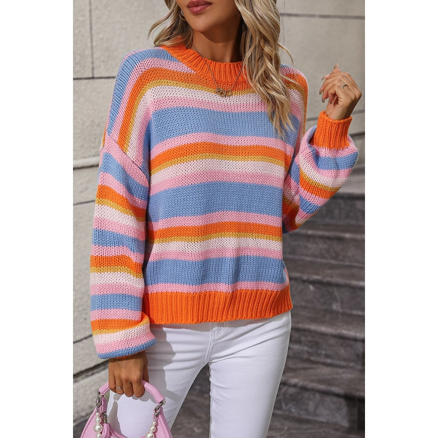 Striped Round Neck Dropped Shoulder Sweater