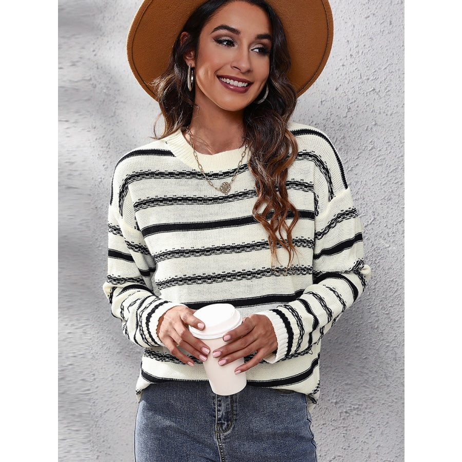 Striped Round Neck Dropped Shoulder Sweater