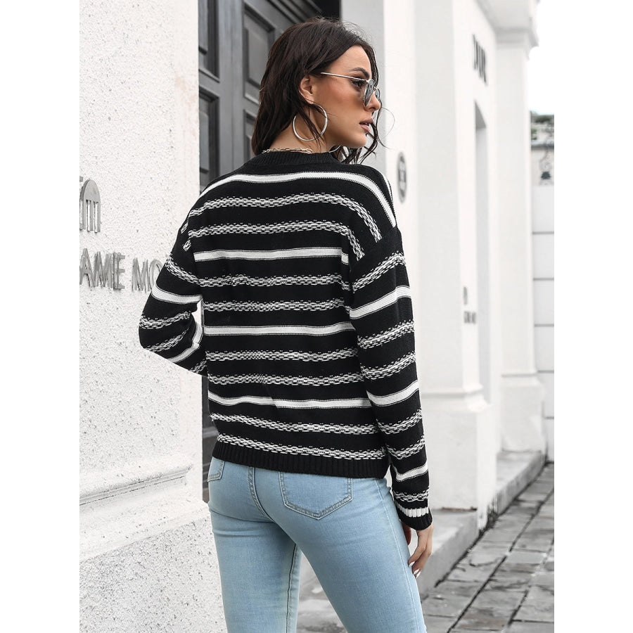 Striped Round Neck Dropped Shoulder Sweater