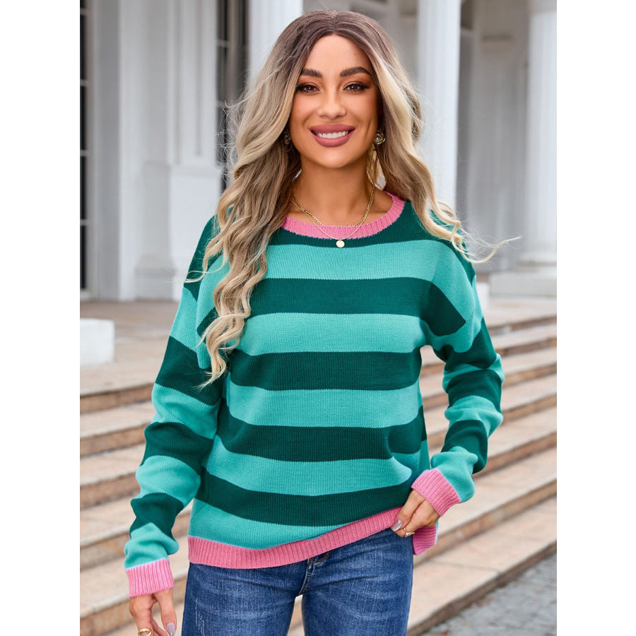 Striped Round Neck Dropped Shoulder Sweater Turquoise / S Apparel and Accessories