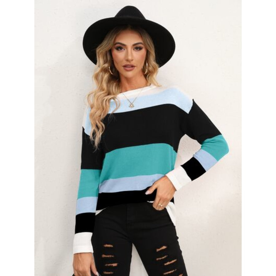 Striped Round Neck Dropped Shoulder Sweater Turquoise / S Apparel and Accessories