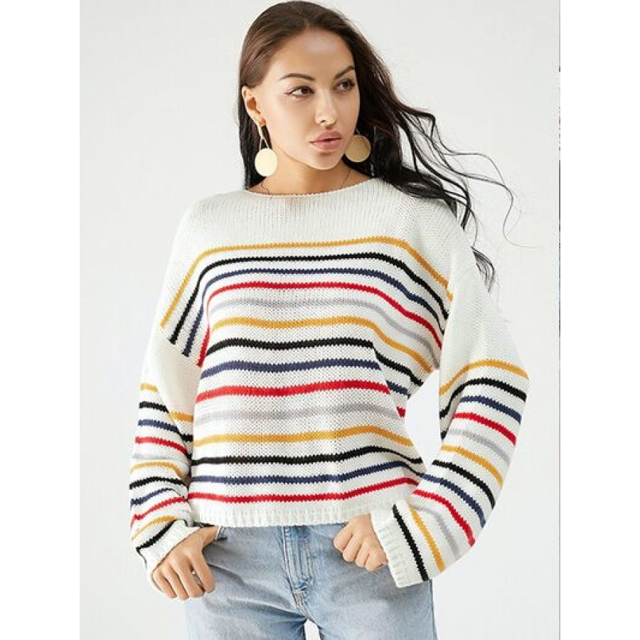 Striped Round Neck Dropped Shoulder Sweater White / S Apparel and Accessories