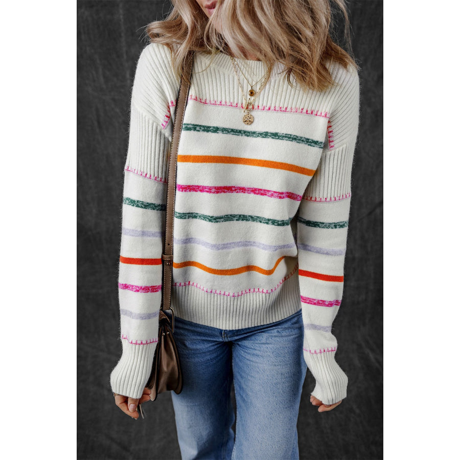 Striped Round Neck Dropped Shoulder Sweater White / S Apparel and Accessories