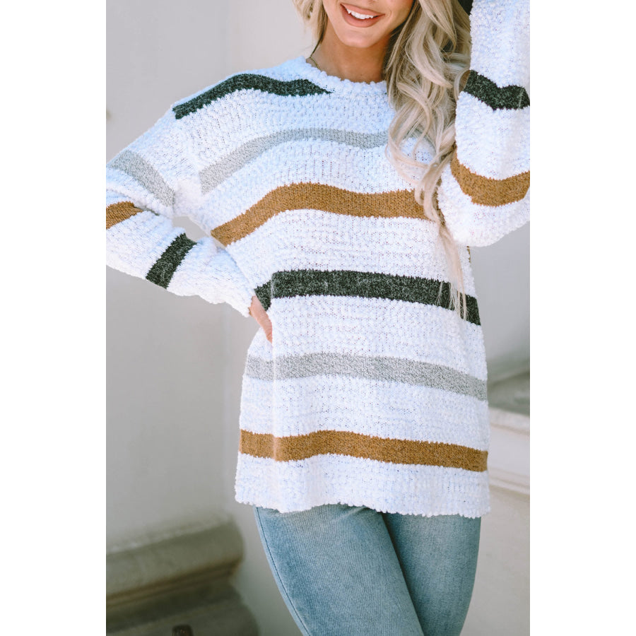 Striped Round Neck Dropped Shoulder Sweater White / S Apparel and Accessories