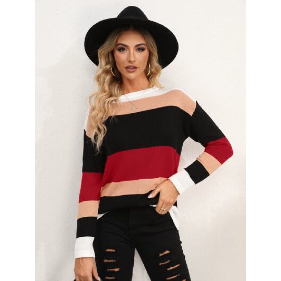 Striped Round Neck Dropped Shoulder Sweater Wine / S Apparel and Accessories