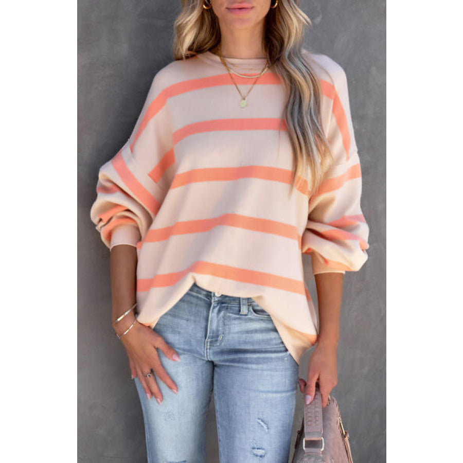 Striped Round Neck Dropped Shoulder Sweatshirt Pumpkin / S Apparel and Accessories