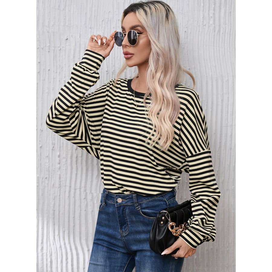 Striped Round Neck Dropped Shoulder T - Shirt Apparel and Accessories