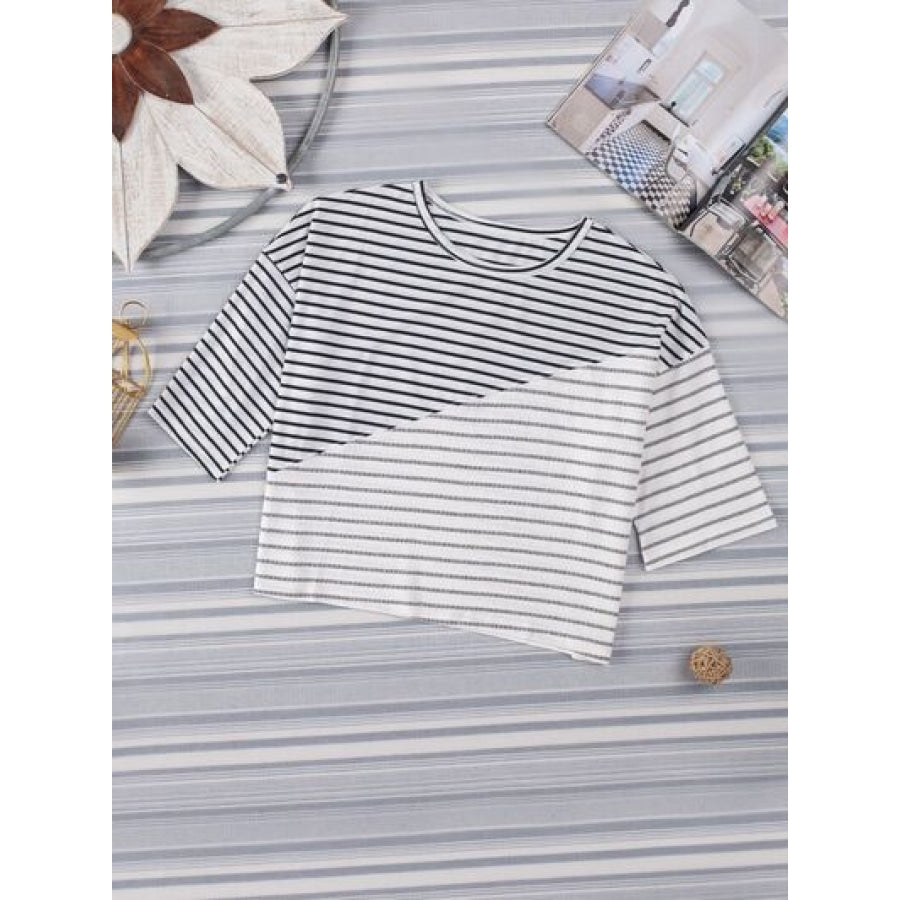 Striped Round Neck Dropped Shoulder T-Shirt Apparel and Accessories