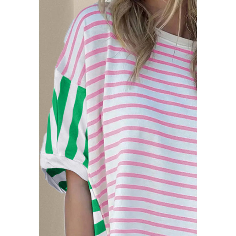 Striped Round Neck Dropped Shoulder T-Shirt Apparel and Accessories