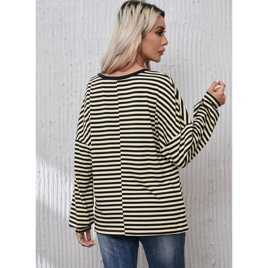 Striped Round Neck Dropped Shoulder T - Shirt Apparel and Accessories