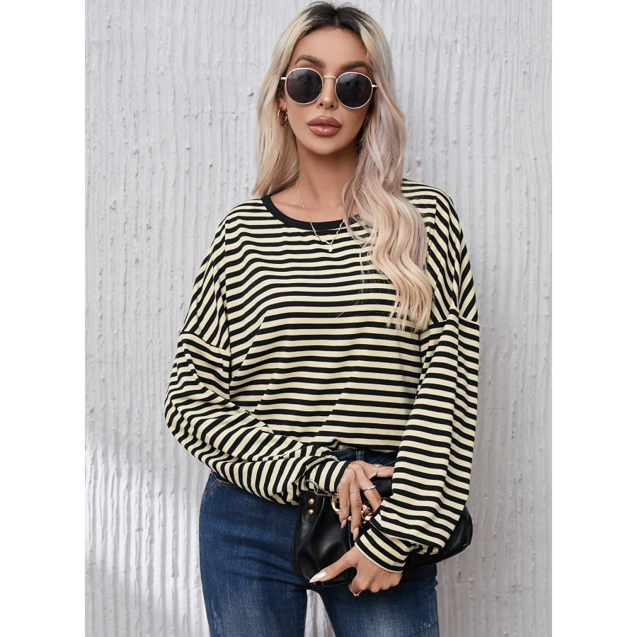 Striped Round Neck Dropped Shoulder T - Shirt Apparel and Accessories