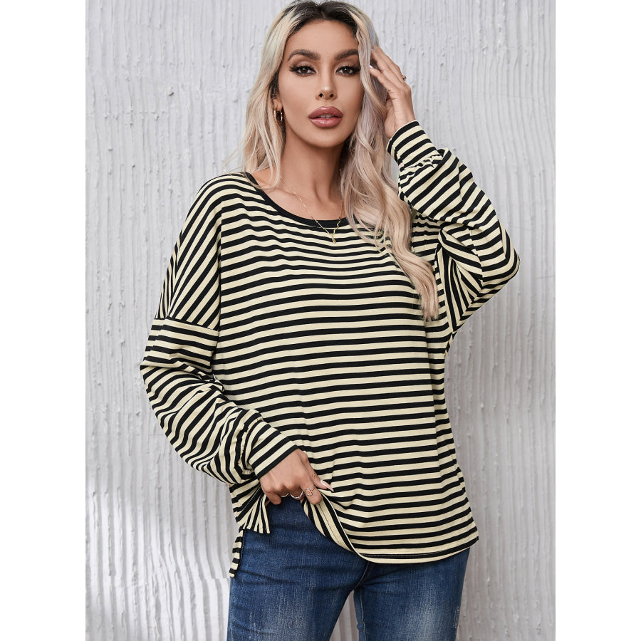 Striped Round Neck Dropped Shoulder T - Shirt Black / S Apparel and Accessories