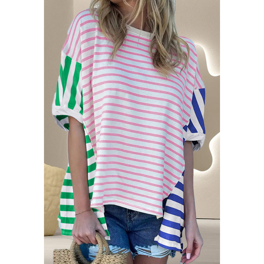 Striped Round Neck Dropped Shoulder T-Shirt Stripe / S Apparel and Accessories