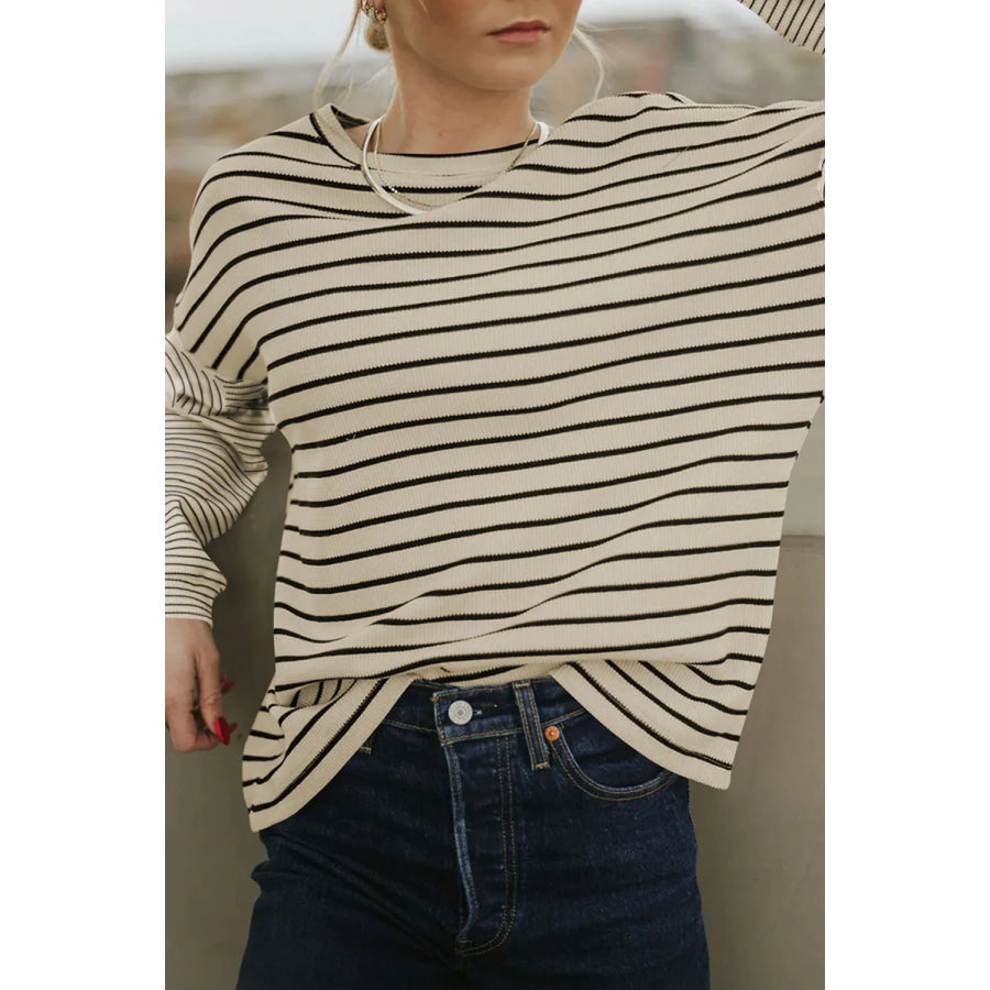 Striped Round Neck Dropped Shoulder Top Beige / S Apparel and Accessories