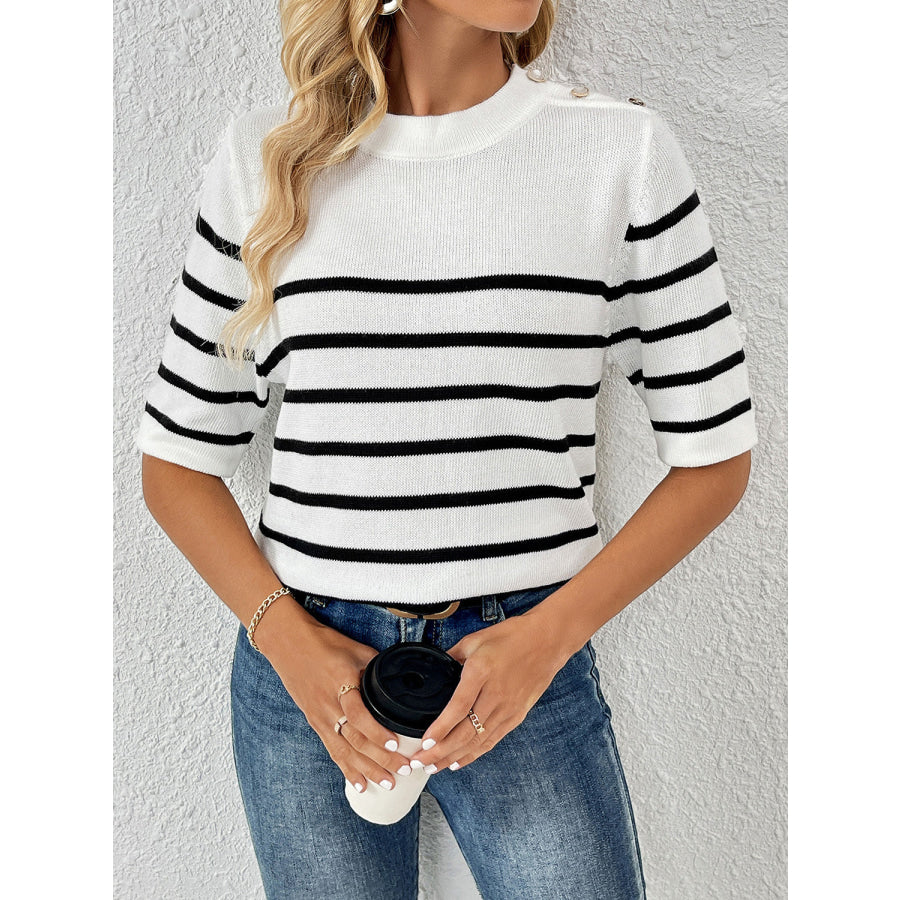 Striped Round Neck Half Sleeve Knit Top Apparel and Accessories