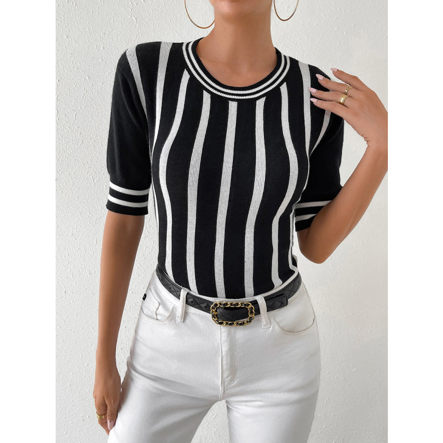 Striped Round Neck Half Sleeve Knit Top Apparel and Accessories