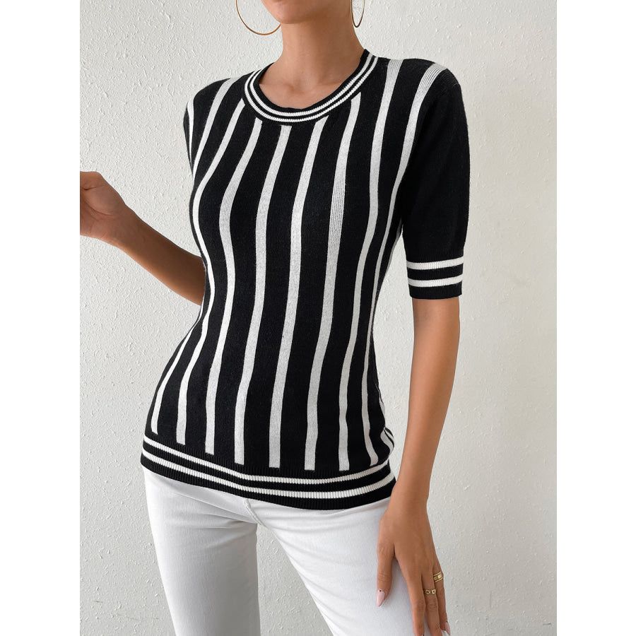 Striped Round Neck Half Sleeve Knit Top Apparel and Accessories