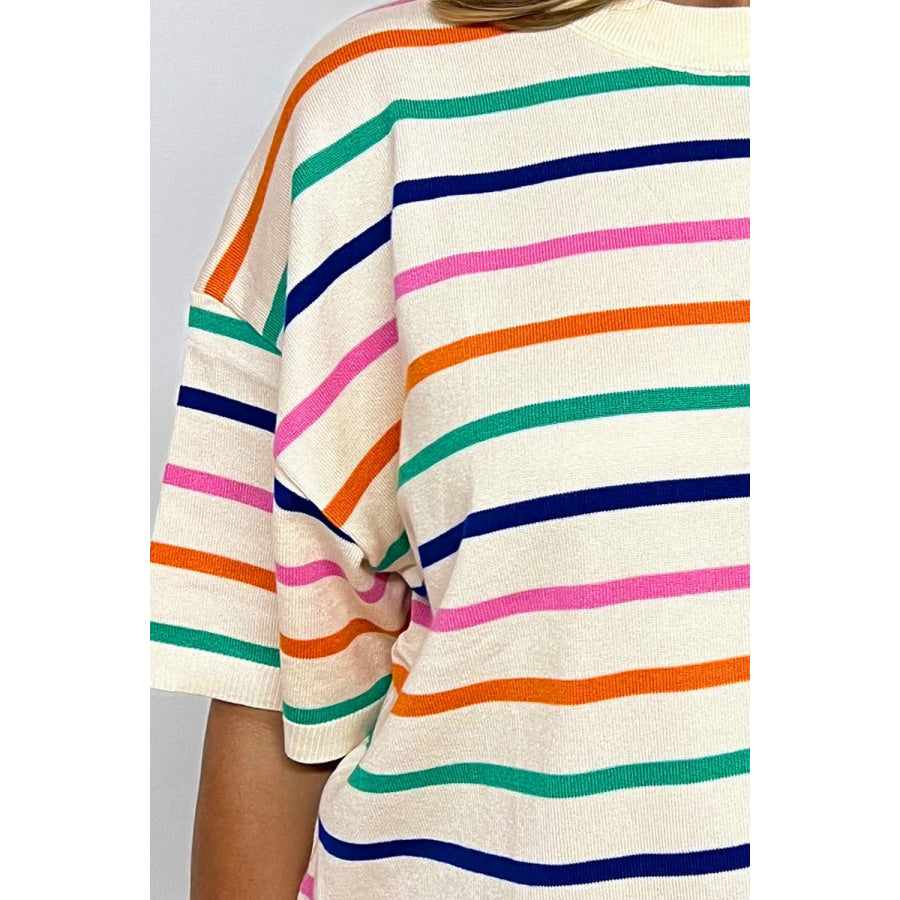 Striped Round Neck Half Sleeve Knit Top Apparel and Accessories