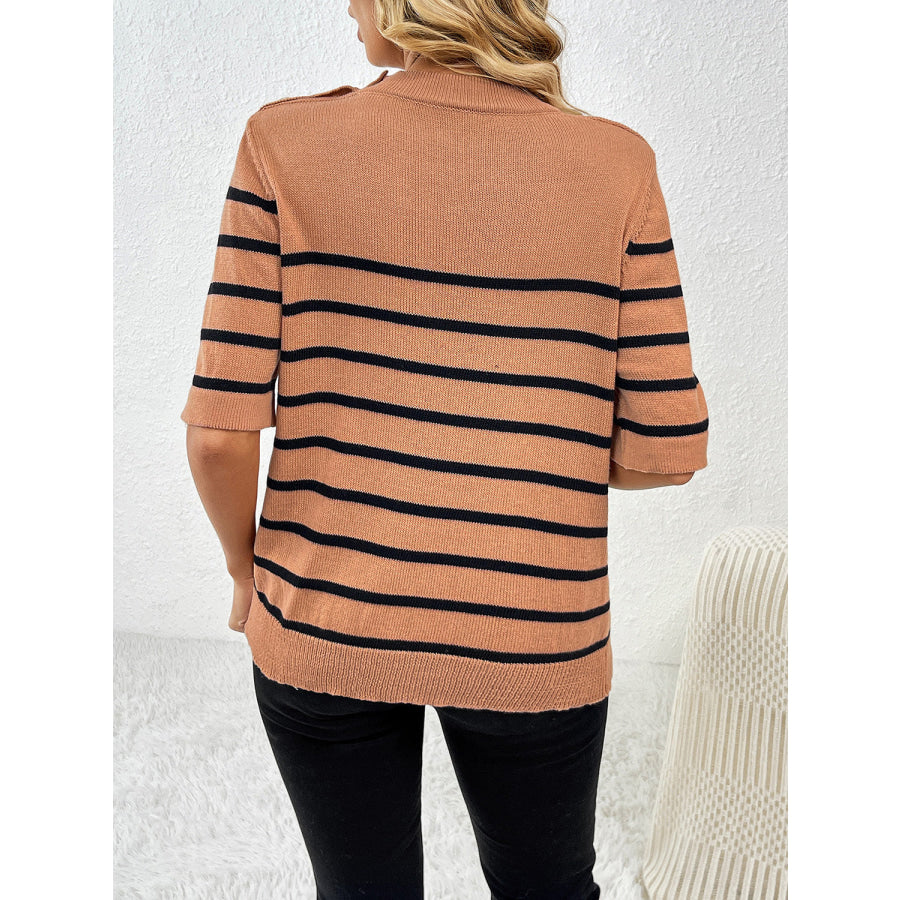 Striped Round Neck Half Sleeve Knit Top Apparel and Accessories